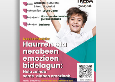 Aldundiaren TREBA programaren zabalkuntza-baliabideak sortzen ditugu. Kartel hau haurren eta nerabeen gurasoentzako doako hitzaldiaren berri emateko sortu zen.
